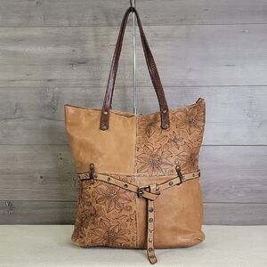 Large Constanza Rota Brown Floral  Studded Italian Leather Tote Shoulder Bag